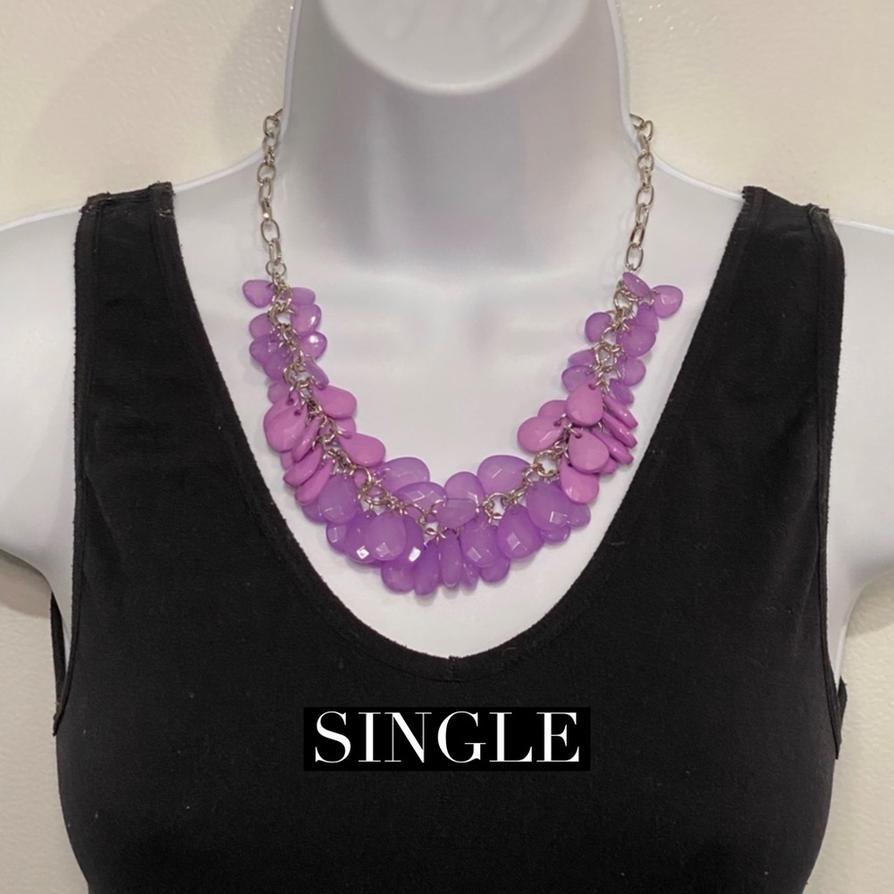 Gorgeous Purple Necklace with Clear and Milk beads with a Silver Short Chain